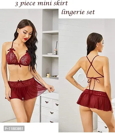 Dulcinea Sexy Women Lingerie Set 3 Pieces Halter Bra, Mini Skirt with G-String Mesh Lace Babydoll Lingerie Set (Free Size, WineRed)-thumb4