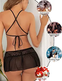 Dulcinea Women's Babydoll Honeymoon Lace Lingerie Set Above Knee Babydoll Night Dress (Free Size, Black)-thumb3