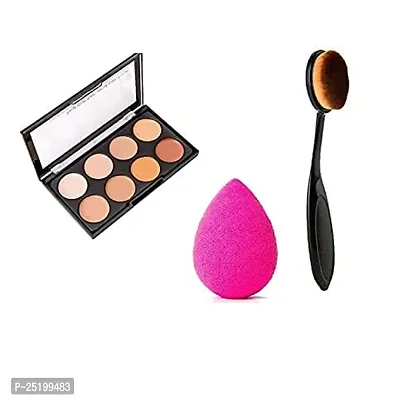 Leticia Highlighter and Contour 8 Shades Concealer Palette with Beauty Blender Sponge Puff and Oval Foundation Brush