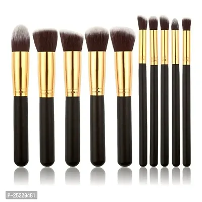 Leticia Wooden Handle and Aluminium Tube and Fiber Bristle Makeup Brushes -Set of 10 Pieces, Black and Golden