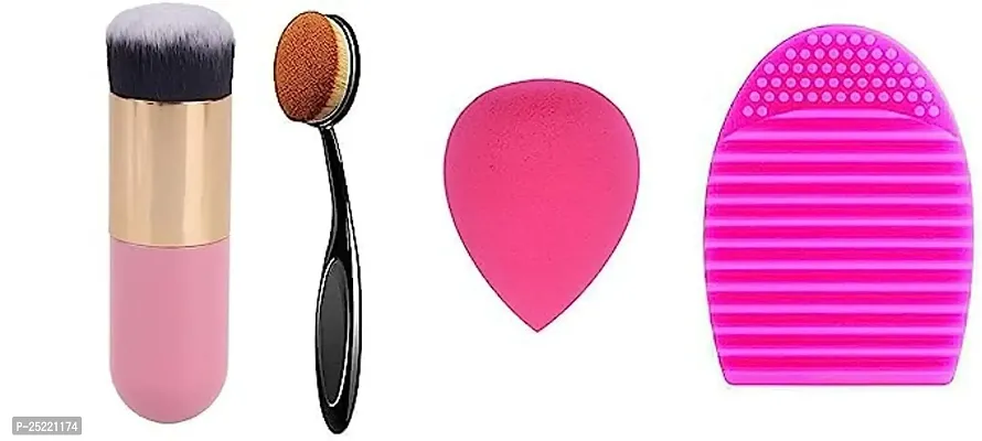 Leticia Professional Pink Foundation Brush, Oval Foundation Brush, Beauty Blender  Egg Makeup Brush Cleaner -Pack of 4-thumb0
