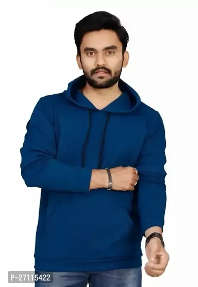 Stylish Blue Cotton Blend Solid Hoodies For Men