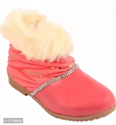 Synthetic Leather Pink Self Design Boots For Girls-thumb0