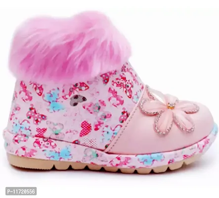 Synthetic Leather Pink Printed Boots For Girls-thumb0