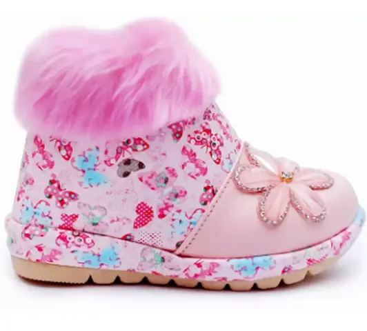 Synthetic Leather Pink Printed Boots For Girls