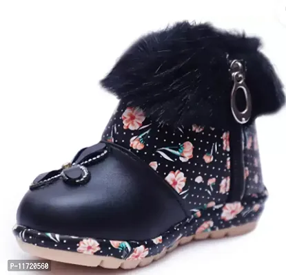 Synthetic Leather Black Printed Boots For Girls-thumb0