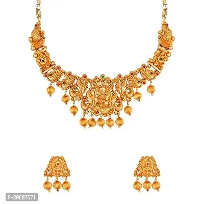 The Luxor Exclusive Traditional Antique Gold Plated Kempu Stone Laxmi Temple Jewellery Set for Women, Long South Indian Necklace and Jhumka Earrings Set for Girls NK3681-thumb0