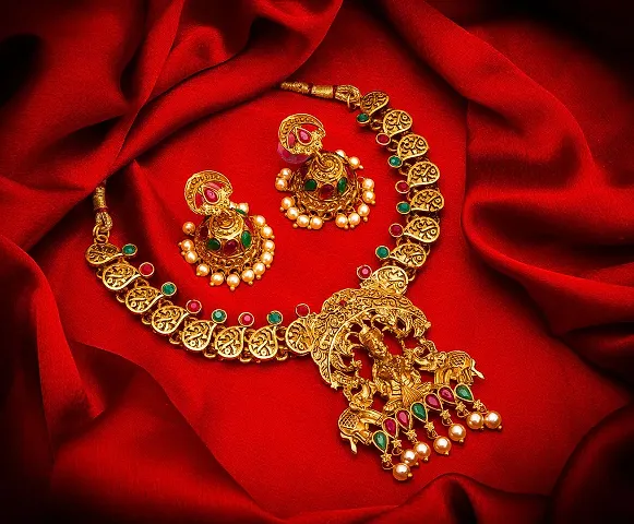 Gold Plated Matte Finish Temple Jewellery Set