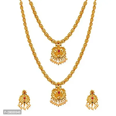 The Luxor Fashion Jewellery Latest Trendy Designer Pearl  American Diamond Gold Plated Stylish Temple Jewellery Set for Girls and Women