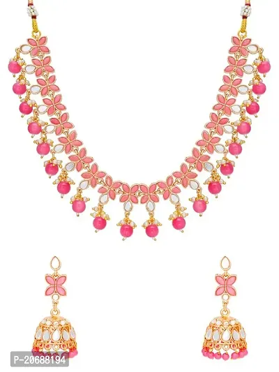 The Luxor Traditional Gold Plated Necklace Set Studded with Pink and White Stones for Women, Girls ? Stylish Long Fancy Golden Jewellery with Earrings (NK3462)