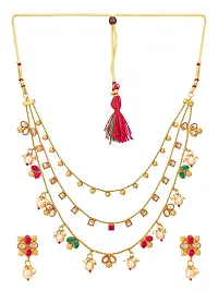 The Luxor Traditional Gold Plated Chain Necklace Set with Earrings - Kempu Stones, Exclusive, Stylish, Fancy, Multistrand Jewellery for Women, Girls (Multicolour Stones) NK3661-thumb3