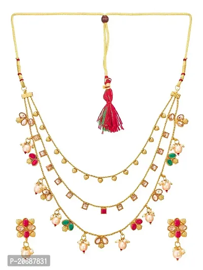 The Luxor Traditional Gold Plated Chain Necklace Set with Earrings - Kempu Stones, Exclusive, Stylish, Fancy, Multistrand Jewellery for Women, Girls (Multicolour Stones) NK3661-thumb4