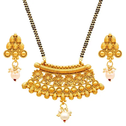 The Luxor Fashion Jewellery Traditional Gold Plated Pearl Studded Mangalsutra With Earrings For Women