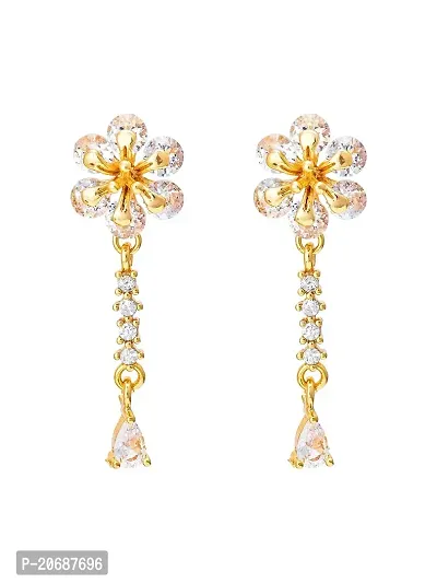 Stylist Rose Gold Plated American Diamond Floral Small Tassel Earrings for Girls Women-thumb0