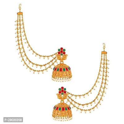 The Luxor Attractive Gold Plated Brass Wedding Jewellery Bahubali Inspired Long Chain Jhumki Earrings for Women and Girls-thumb0