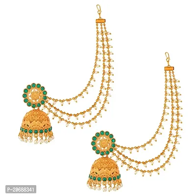 The Luxor Gold-Plated Green Stone Handcrafted Bahubali Devsena Jhumkas With Ear Chain For Women and Girls-thumb3