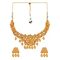 The Luxor Exclusive Traditional Antique Gold Plated Kempu Stone Laxmi Temple Jewellery Set for Women, Long South Indian Necklace and Jhumka Earrings Set for Girls NK3681-thumb3