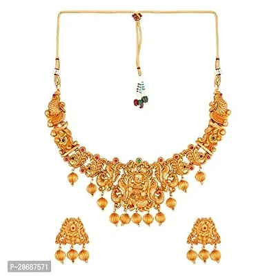 The Luxor Exclusive Traditional Antique Gold Plated Kempu Stone Laxmi Temple Jewellery Set for Women, Long South Indian Necklace and Jhumka Earrings Set for Girls NK3681-thumb4