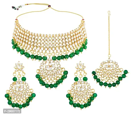 The Luxor Traditional Gold Plated Bridal Mang Tikka Earrings Kundan Pearl Choker Necklace Jewellery Set for Women-thumb0