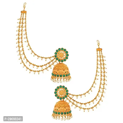 The Luxor Gold-Plated Green Stone Handcrafted Bahubali Devsena Jhumkas With Ear Chain For Women and Girls-thumb0