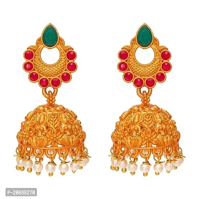 The Luxor Traditional Jhumka Earrings for Women and Girls - Temple Jewellery, Kempu Stones, South Indian Jhumki Earring, Wedding Collection (Golden) ER3116