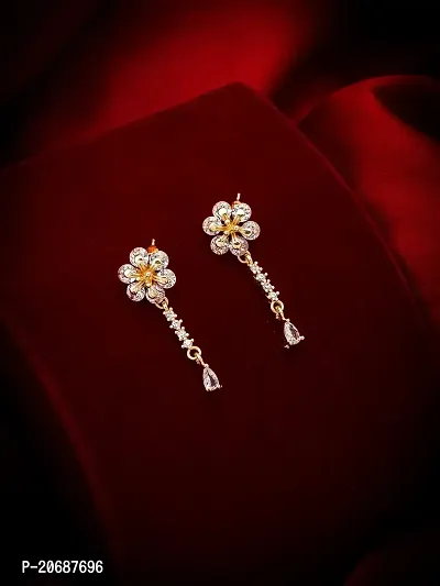 Stylist Rose Gold Plated American Diamond Floral Small Tassel Earrings for Girls Women-thumb4