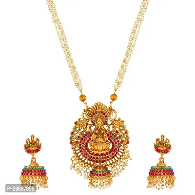 The Luxor Traditional Gold Plated Temple Necklace Set with Pearl Chain for Women, Girls ? Stylish Long Haaram Set, Fancy Golden Jewellery with Earrings (NK3331)