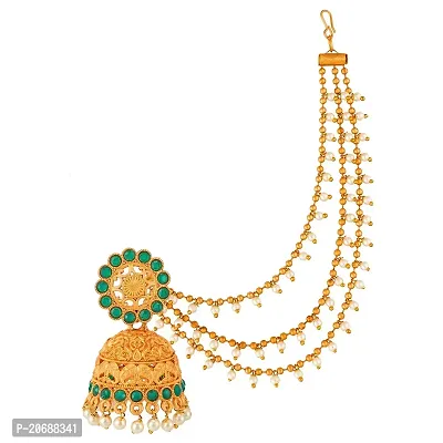 The Luxor Gold-Plated Green Stone Handcrafted Bahubali Devsena Jhumkas With Ear Chain For Women and Girls-thumb2
