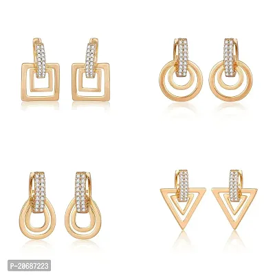 The Luxor Girls Women's Princess Geometric Design Brass Gold Plated American Diamond CZ Trendy Earrings - Pack of 4