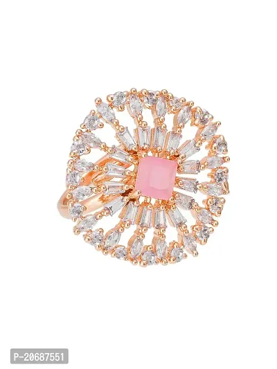 The Luxor Exclusive Adjustable Round Shape Rose Gold Plated Pink Ring with American Diamond wedding valentine gift for Women Girls-thumb2