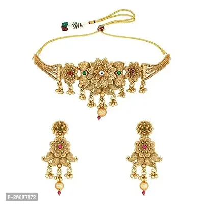 The Luxor Rajwadi Traditional Gold Plated Brass Choker Necklace Set with Earrings - Kempu Stones, Exclusive, Floral Design, Stylish Fancy Jewellery for Women, Girls (Multi Stones) NK3493