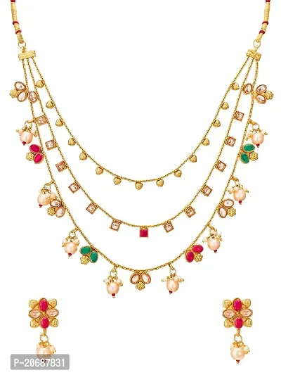 The Luxor Traditional Gold Plated Chain Necklace Set with Earrings - Kempu Stones, Exclusive, Stylish, Fancy, Multistrand Jewellery for Women, Girls (Multicolour Stones) NK3661-thumb0