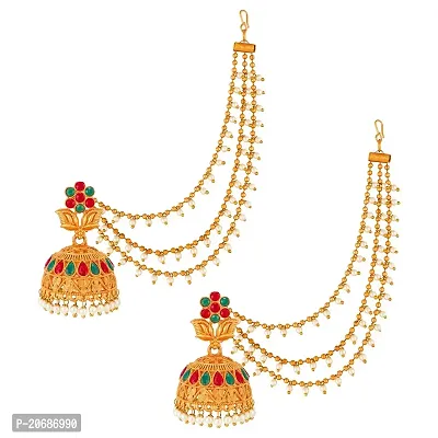 The Luxor Attractive Gold Plated Brass Wedding Jewellery Bahubali Inspired Long Chain Jhumki Earrings for Women and Girls-thumb2