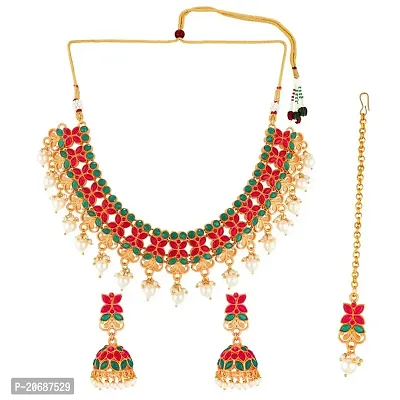 The Luxor Traditional Choker Necklace Set for Women, Girls ? Jhumka Earrings and Maang Tikka, Studded Kundan with Hanging Pearls, Stylish Wedding Jewellery (NK3340)