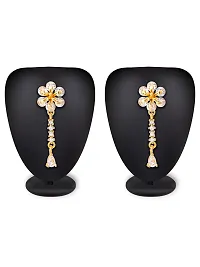 Stylist Rose Gold Plated American Diamond Floral Small Tassel Earrings for Girls Women-thumb1