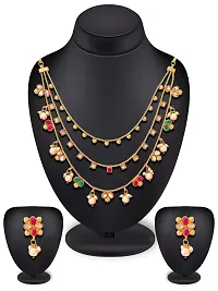 The Luxor Traditional Gold Plated Chain Necklace Set with Earrings - Kempu Stones, Exclusive, Stylish, Fancy, Multistrand Jewellery for Women, Girls (Multicolour Stones) NK3661-thumb1