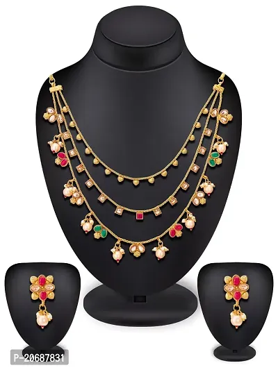 The Luxor Traditional Gold Plated Chain Necklace Set with Earrings - Kempu Stones, Exclusive, Stylish, Fancy, Multistrand Jewellery for Women, Girls (Multicolour Stones) NK3661-thumb2