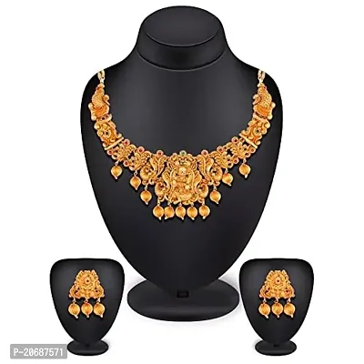 The Luxor Exclusive Traditional Antique Gold Plated Kempu Stone Laxmi Temple Jewellery Set for Women, Long South Indian Necklace and Jhumka Earrings Set for Girls NK3681-thumb2