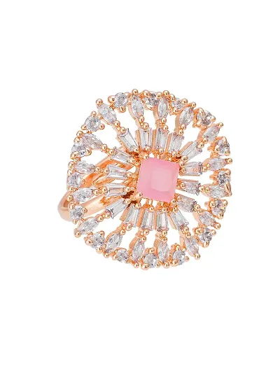 The Luxor Exclusive Adjustable Round Shape Rose Gold Plated Pink Ring with American Diamond wedding valentine gift for Women Girls