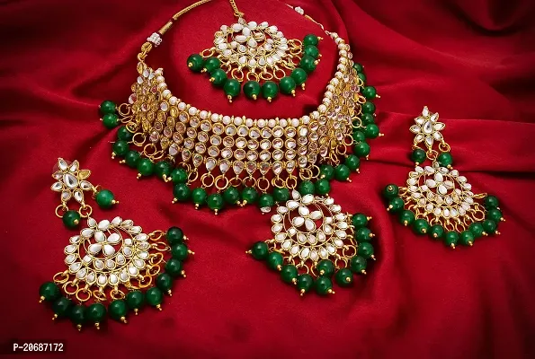 The Luxor Traditional Gold Plated Bridal Mang Tikka Earrings Kundan Pearl Choker Necklace Jewellery Set for Women-thumb2