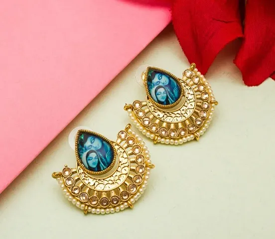 Beautiful Designer Gold Plated Photo Frame Kundan Pearl Earrings