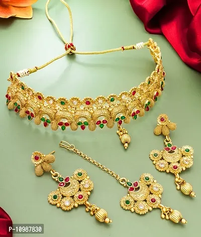 Traditional Gold Plated Chocker Temple Copper Gold Necklace with Maangtikka For Women and Indian Girls