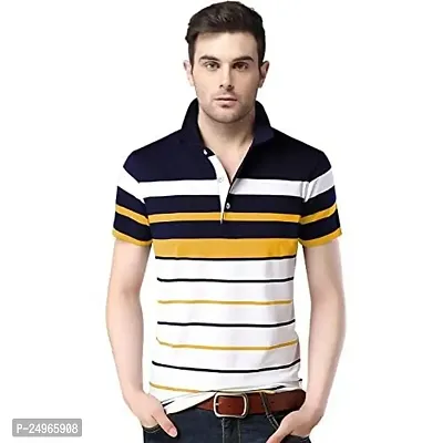EYEBOGLER Men's Trendy Half Sleeves Polo Neck Striped T-Shirt Yellow