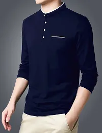 Stylish Cotton Navy Blue Solid Henley T-shirt For Men-thumb1