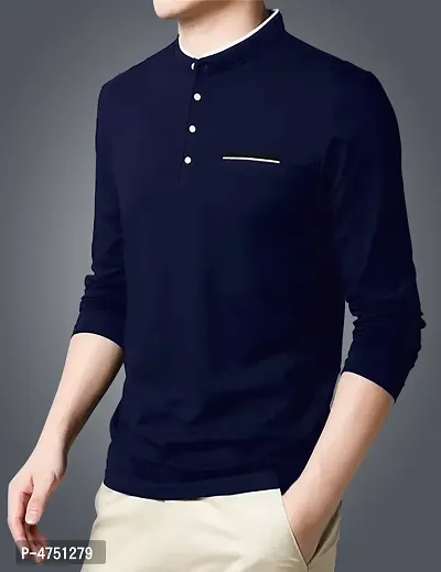 Stylish Cotton Navy Blue Solid Henley T-shirt For Men-thumb2