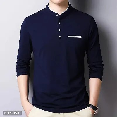 Stylish Cotton Navy Blue Solid Henley T-shirt For Men