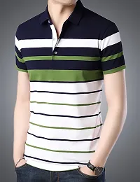 Stylish Cotton Multicoloured Striped Polos T-shirt For Men-thumb1