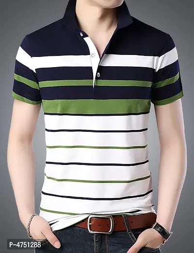 Stylish Cotton Multicoloured Striped Polos T-shirt For Men-thumb0