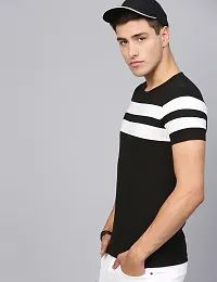 Trendy Black Striped Cotton Round Neck T-Shirt For Men-thumb1