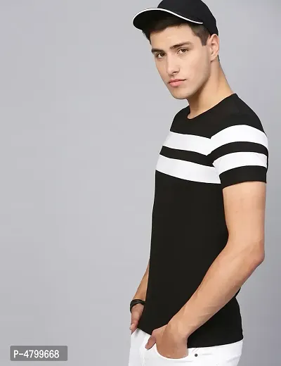 Trendy Black Striped Cotton Round Neck T-Shirt For Men-thumb2